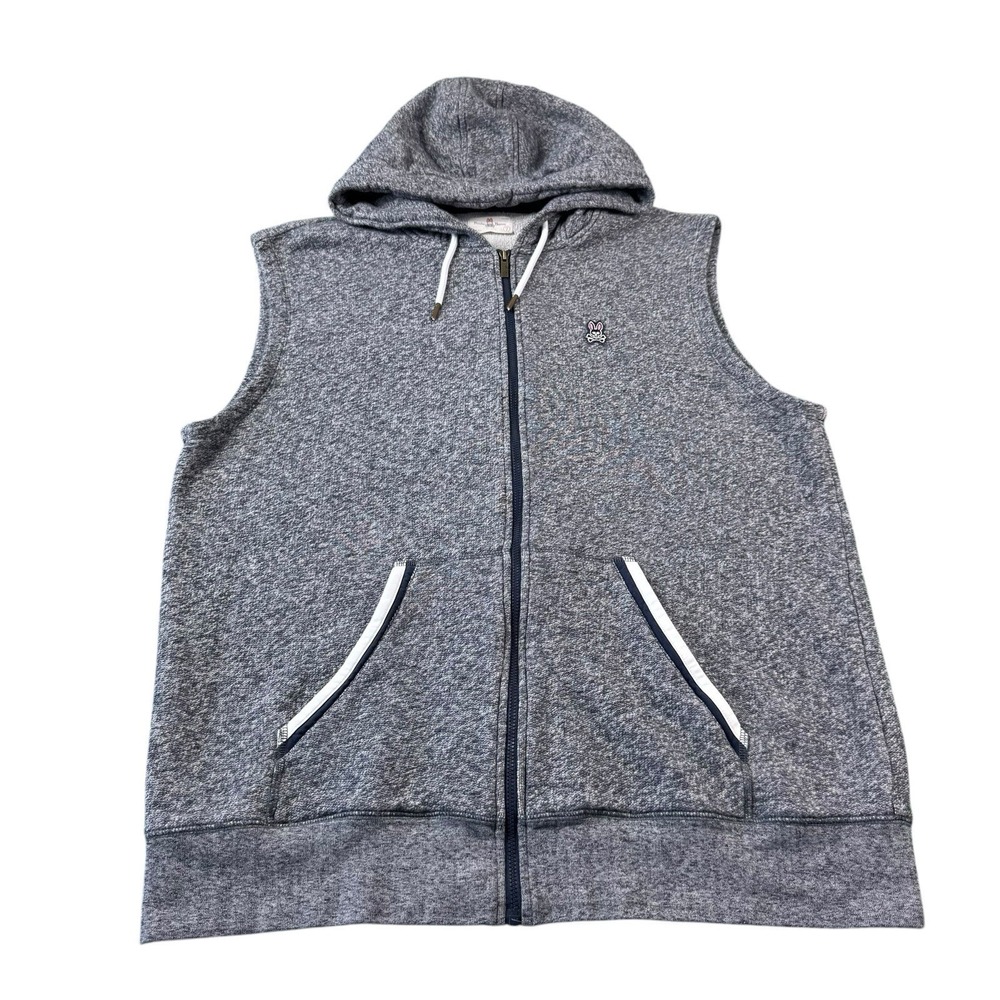 Psycho Bunny Gray Blue Knit Cotton Blend Full Zip Sleeveless Hoodie Size 7